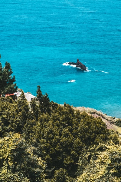During the day, wearing a black jacket people sitting on a rock near the water
